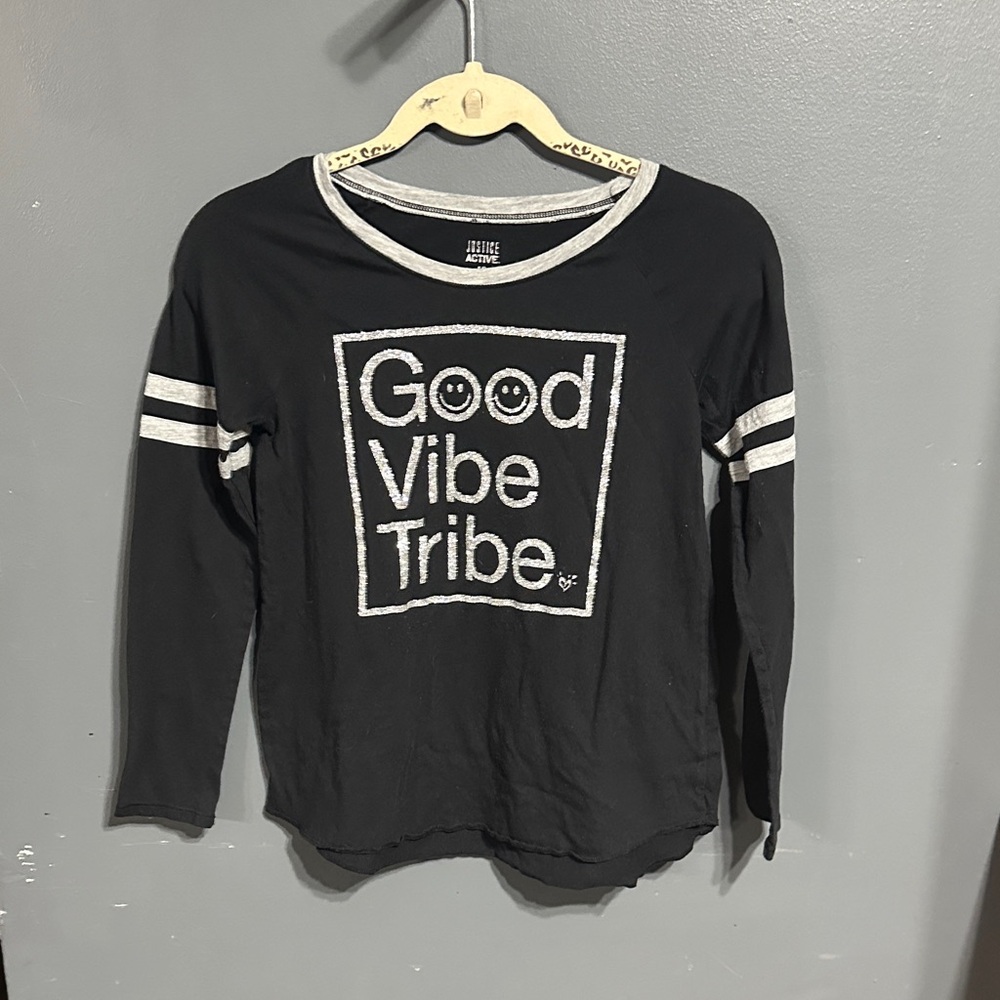 Justice Long Sleeve Black Tee with White Graphic